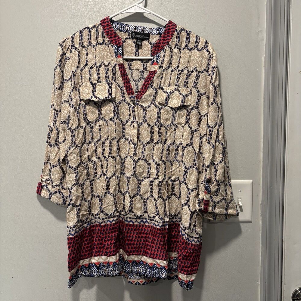 Signature Studio Women’s M Geometric Print Rayon Blouse Boho Button Front